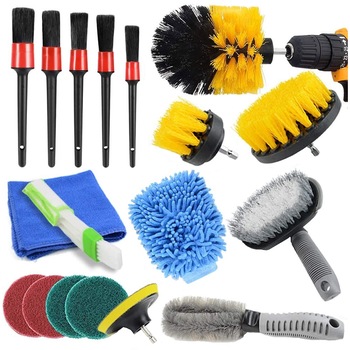 Set 18 piese detailing auto pentru curatare interior si exterior, cu perii pentru bormasina, manusa spalare, laveta de microfibra, perie aer conditionat, perii jante Set 18 piese detailing auto pentru curatare interior si exterior, cu perii pentru bormasina, manusa spalare, laveta de microfibra, perie aer conditionat, perii jante