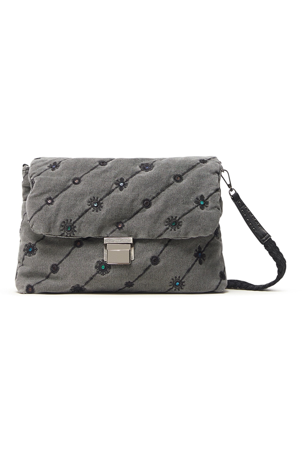 DESIGUAL, Geanta de umar cu model brodat, Gri inchis/ Negru