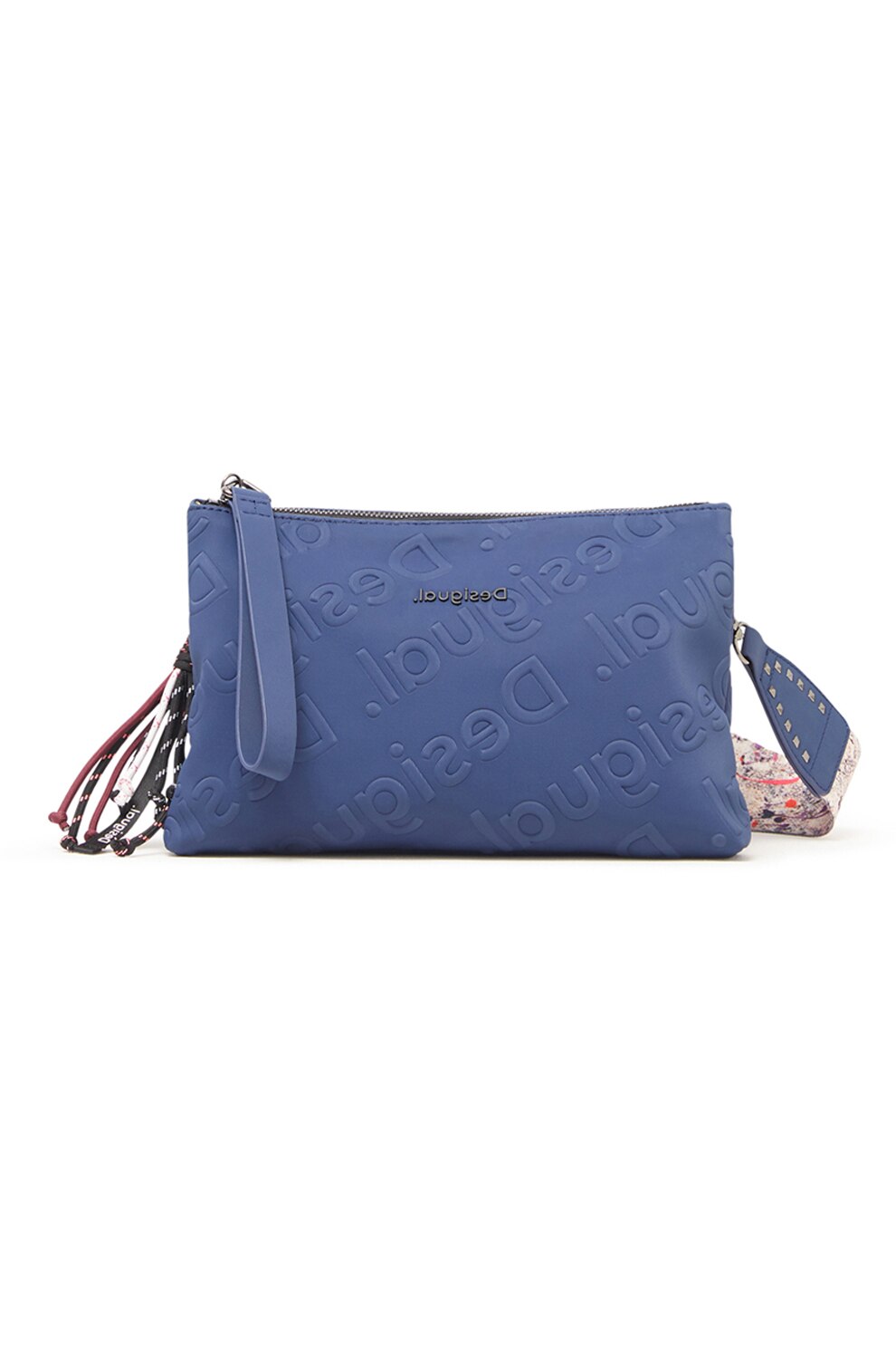 DESIGUAL, Geanta crossbody de piele ecologica cu logo in relief, Albastru lavanda
