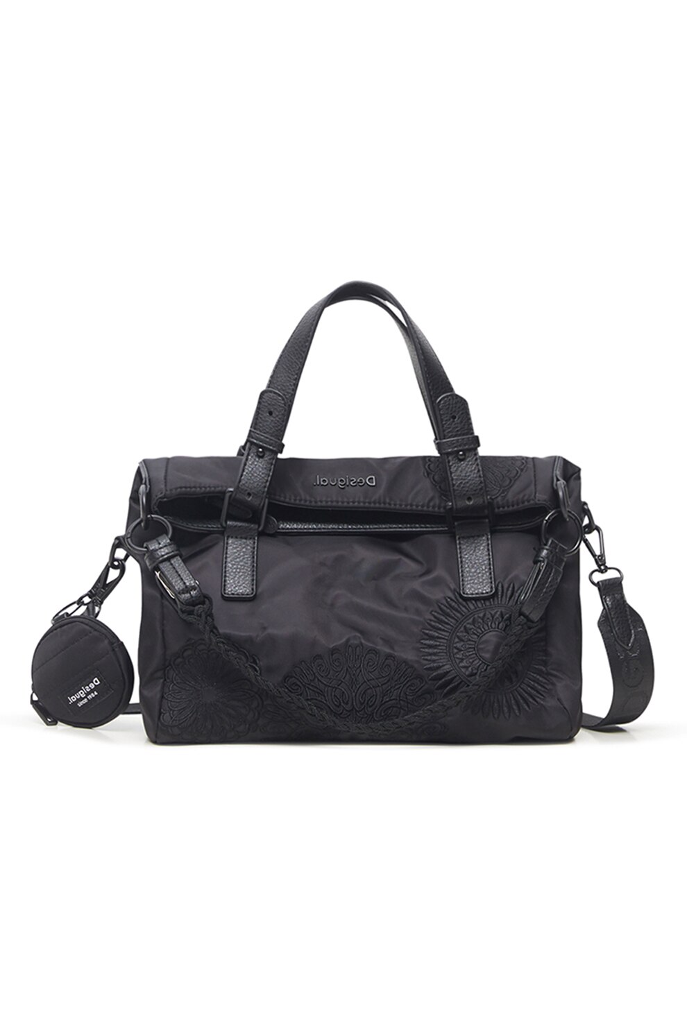 DESIGUAL, Geanta de mana cu mandale brodate si bareta detasabila, Negru
