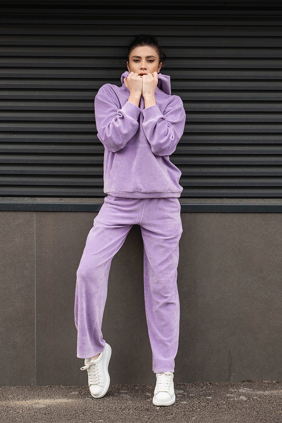 uFIT, Set de hanorac supradimensionat si pantaloni cu textura de catifea, Lila