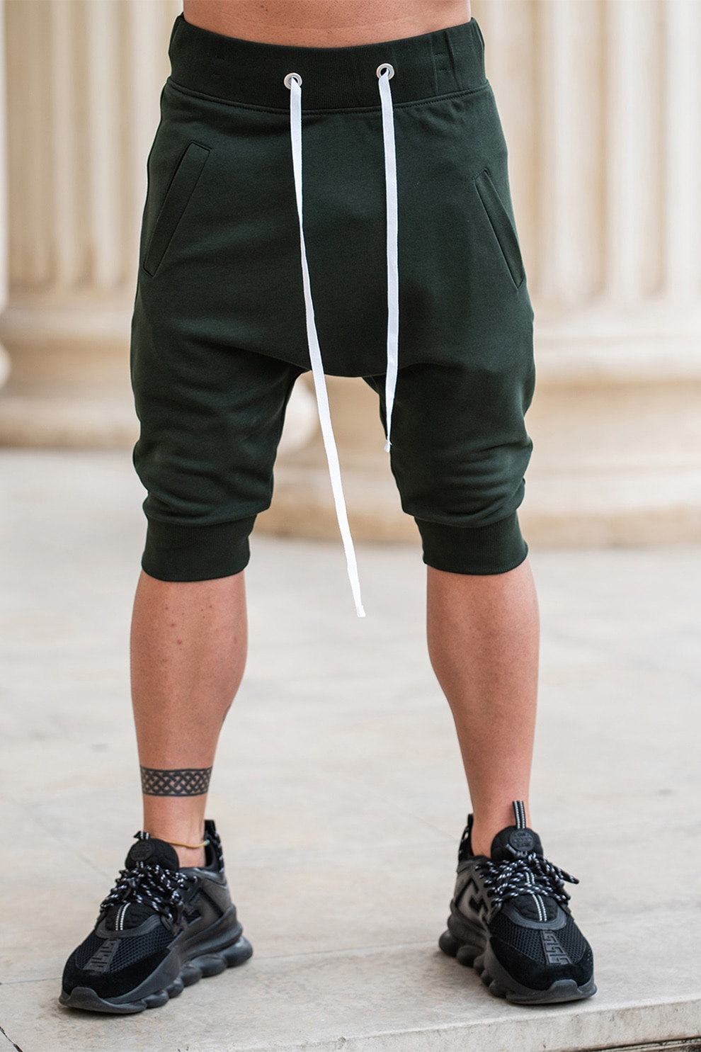 uFIT, Pantaloni sport capri slim fit cu snur, Verde inchis, XL