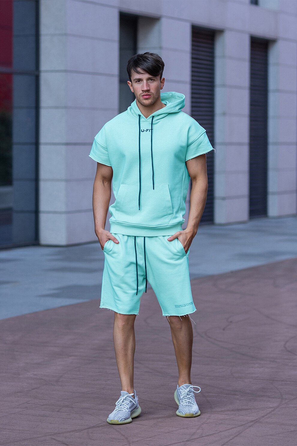 uFIT, Set de hanorac cu maneci scurte si bermude Malibu, Verde menta, 2XL