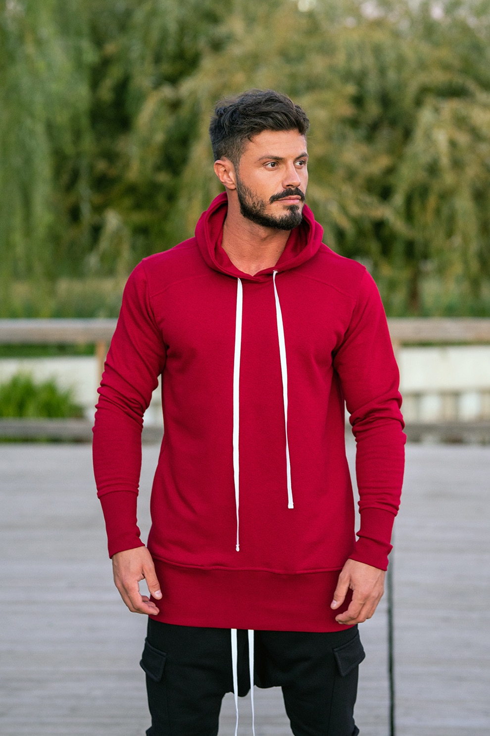 uFIT, Hanorac lung supradimensionat cu snur, Rosu inchis/Alb