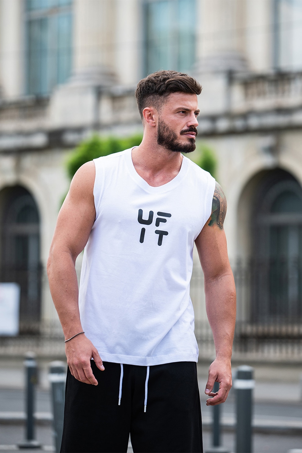 uFIT, Top din jerseu cu imprimeu logo, Alb optic/Negru, 2XL