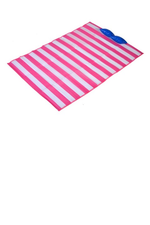 Плажна постелка, тип чанта, с дръжки за носене и надуваема възглавница, морски принт, 175 х 85 см, розово и бяло