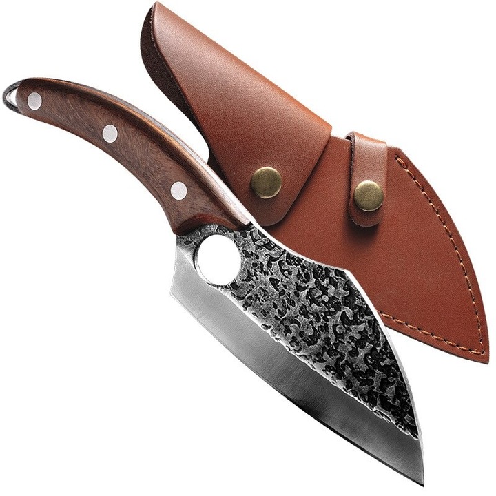 Cutit-Satar Japonez, Forjat Manual, Otel Inoxidabil, Full Tang 27 cm, Maner Lemn Maro, Husa Piele Ecologica, Blades®