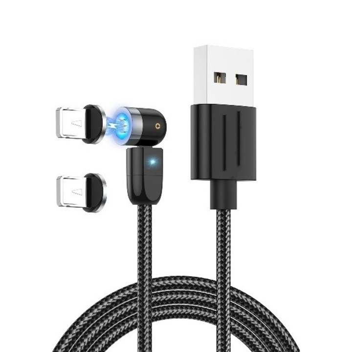 Cablu USB pentru Incarcare si Transfer Date, Fast Charge 3.1A si 480Mbs/s cu 2x Mufe Magnetice USB Tip C, 2 Metri, Premium, Negru, Garami Shop®