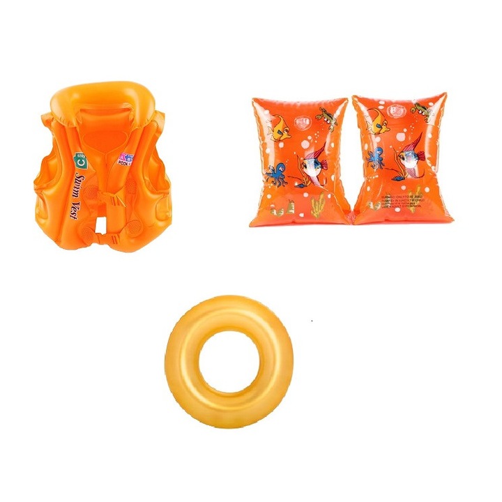 Set 3 piese de inot, Colac/Aripioare/Vesta gonflabila pentru copii, Marimea S, PVC, Gate Store, Portocaliu