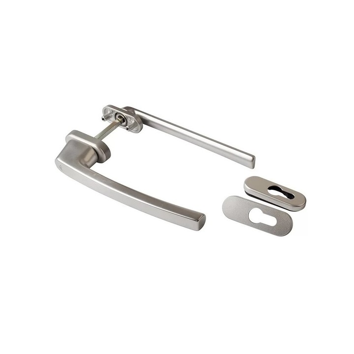 Maner asimetric cu rozeta pentru ferestre-usi osciloculisante, Roto, patrat de 100 mm, aluminiu, culoare argintiu, cu logo