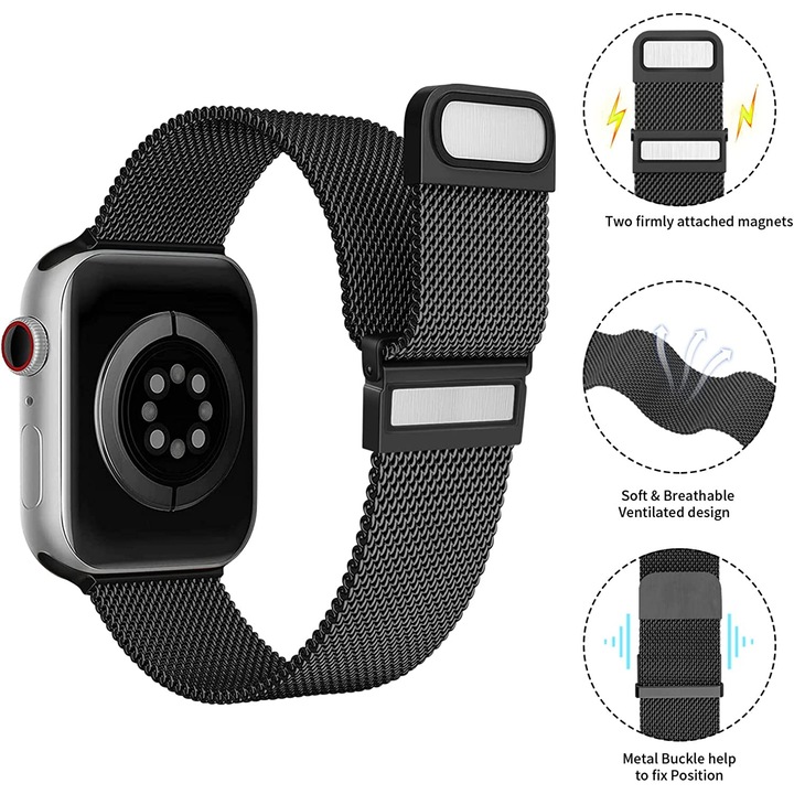 Curea metalica ZAFIT™ Milanese Loop, pentru Apple Watch 3/2/1, Display 38 mm, Negru
