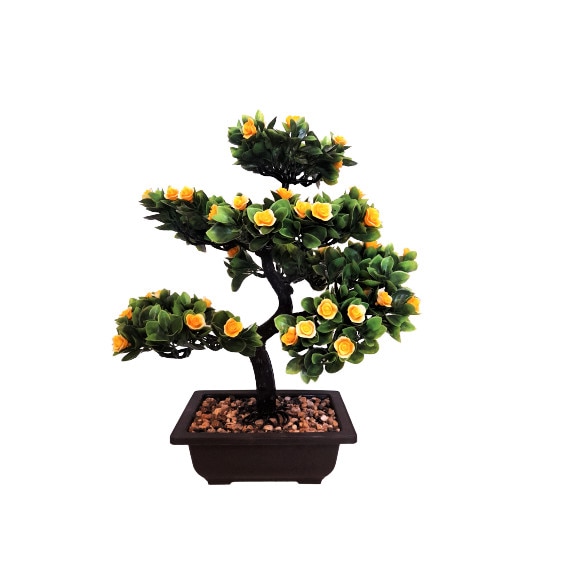 Bonsai decorativ artificial in ghiveci cu flori galbene, 40 cm, 6 ramuri