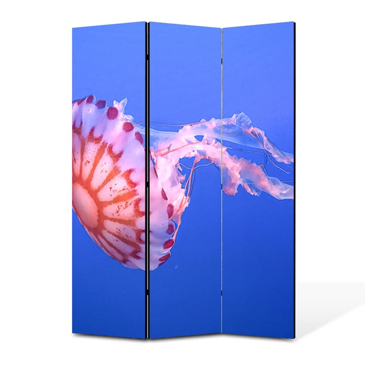 Paravan 3 piese Premium TrueColor, Art Star, Meduza in nuante de rosu si roz, Animale, Panza pe cadru de lemn, Decoratiuni Moderne pentru Casa, 3 Panouri de 35x150, 105 x 150 cm
