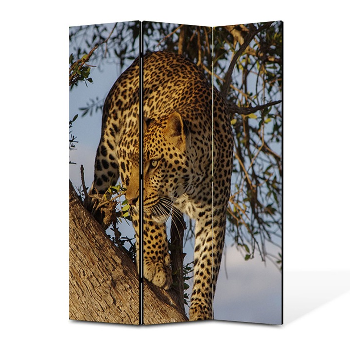 Paravan 3 piese Premium TrueColor, Art Star, Leopard urmarindu-si prada de la inaltime, Animale, Panza pe cadru de lemn, Decoratiuni Moderne pentru Casa, 3 Panouri de 35x150, 105 x 150 cm