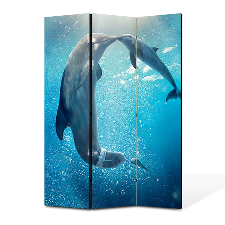 Paravan 3 piese Premium TrueColor, Art Star, Pereche de delfini sub apa, Animale, Panza pe cadru de lemn, Decoratiuni Moderne pentru Casa, 3 Panouri de 45x180, 135 x 180 cm