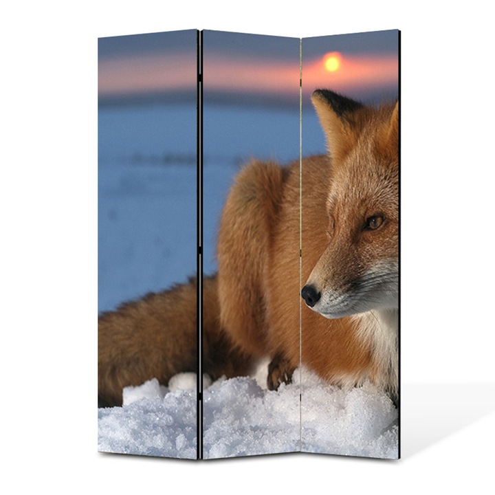 Paravan 3 piese Premium TrueColor, Art Star, Vulpe urmarindu-si prada la apus, Animale, Panza pe cadru de lemn, Decoratiuni Moderne pentru Casa, 3 Panouri de 45x150, 135 x 150 cm