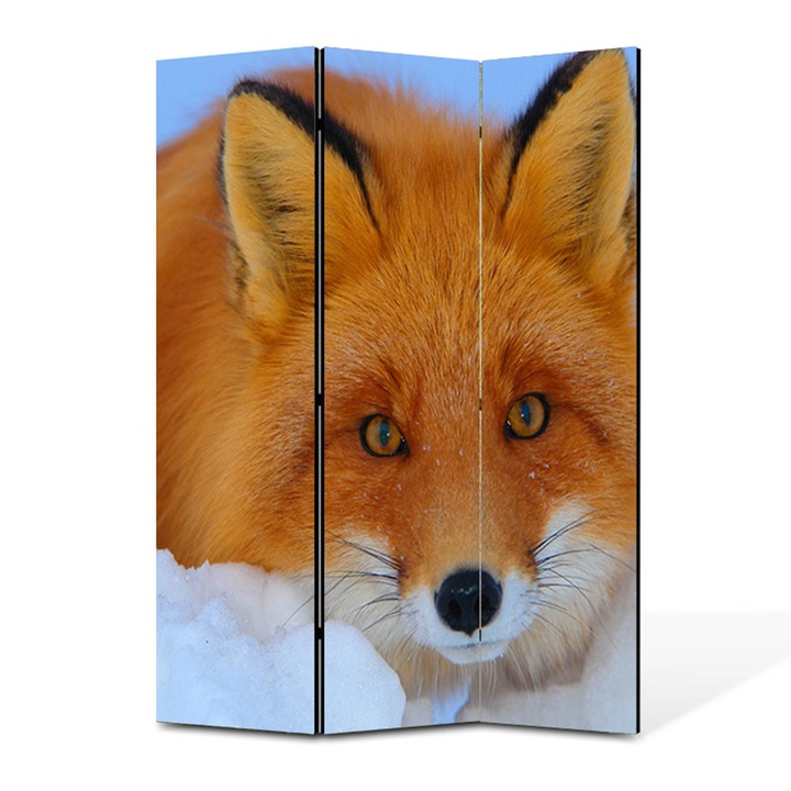 Paravan 3 piese Premium TrueColor, Art Star, Vulpe roscata in natura acoperita de nea, Animale, Panza pe cadru de lemn, Decoratiuni Moderne pentru Casa, 3 Panouri de 45x180, 135 x 180 cm
