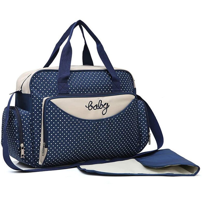 Set geanta pentru carucior si salteluta pentru schimbarea scutecelor JYQAN, 40x30x16 cm, Bleumarin/Bej