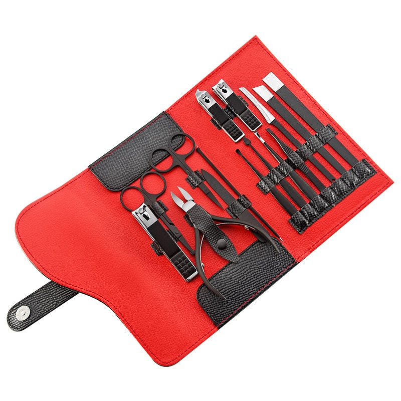 Trusa de Manichiura si Pedichiura din Otel Inoxidabil 15 piese, black red