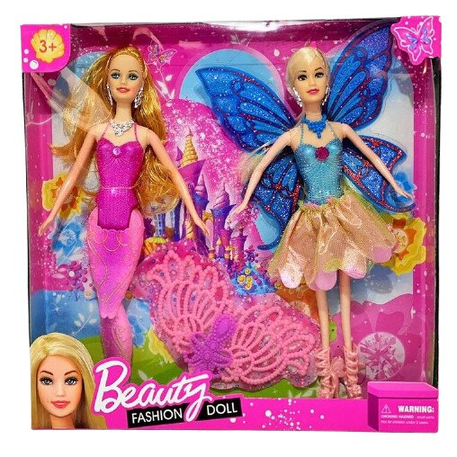 Set 2 Papusi Zana si Sirena cu accesorii, mk toys, MKM719158, roz/turcoaz, 29 cm