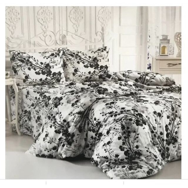 Set lenjerie de pat 2 persoane, Ipekce Home, bumbac ranforce, model floral 3D, alb, negru si gri, 4 piese