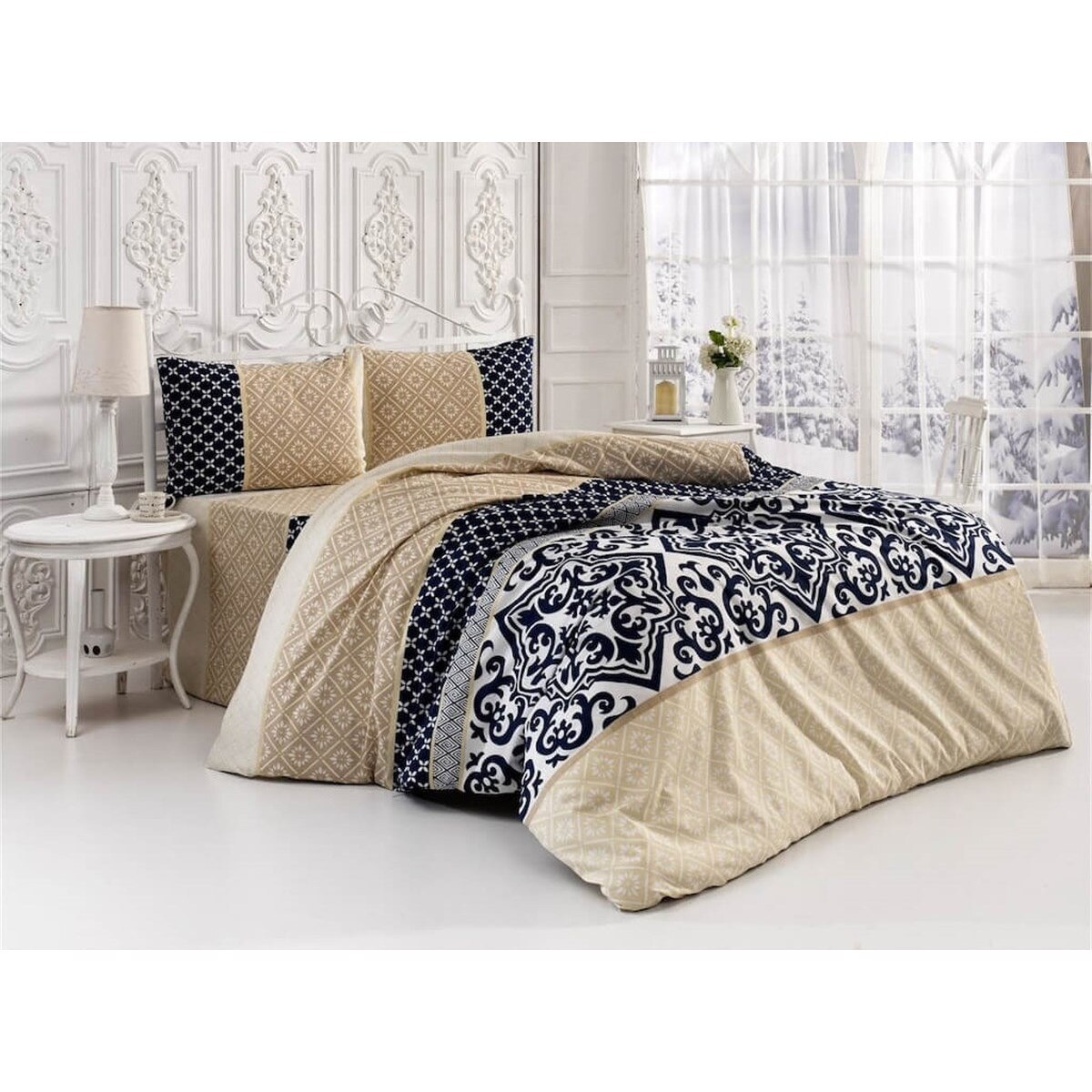 Set lenjerie de pat 2 persoane, Ipekce Home, bumbac ranforce, model 3D, crem, alb si negru, 4 piese