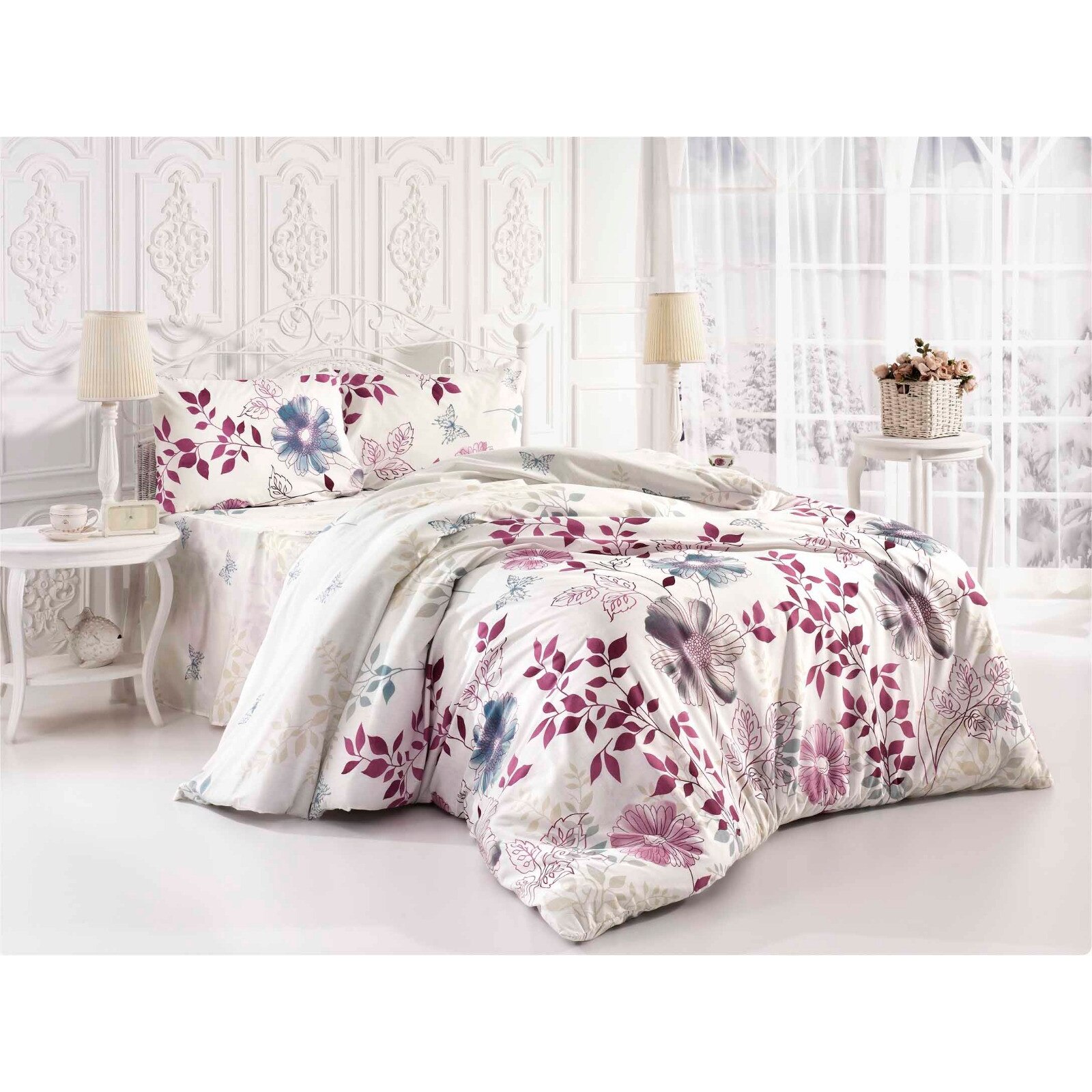 Set lenjerie de pat 2 persoane, Ipekce Home, bumbac ranforce, model floral 3D, gri si violet, 4 piese