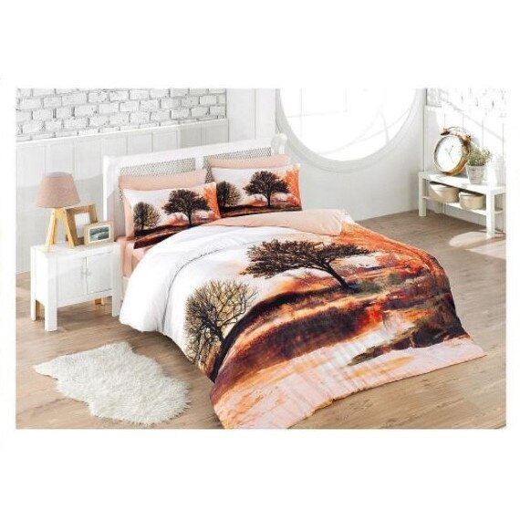 Set lenjerie de pat 2 persoane, Ipekce Home, bumbac ranforce, model 3D, Melankoli, 4 piese