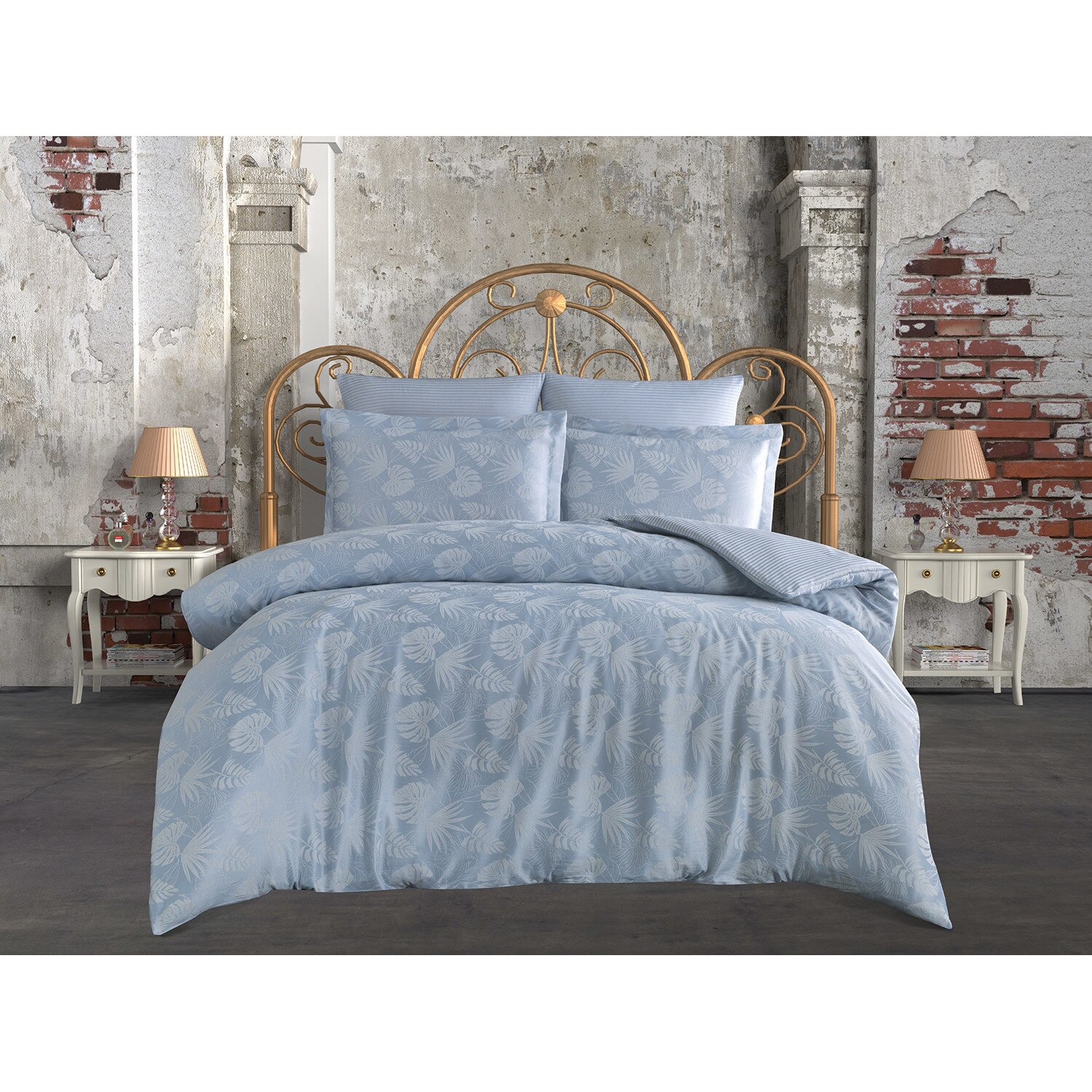 Set Lenjerie de pat 2 persoane, Ipekce Home, damasc, model floral Leaf, bumbac, multicolor, 4 piese, 240x260 cm