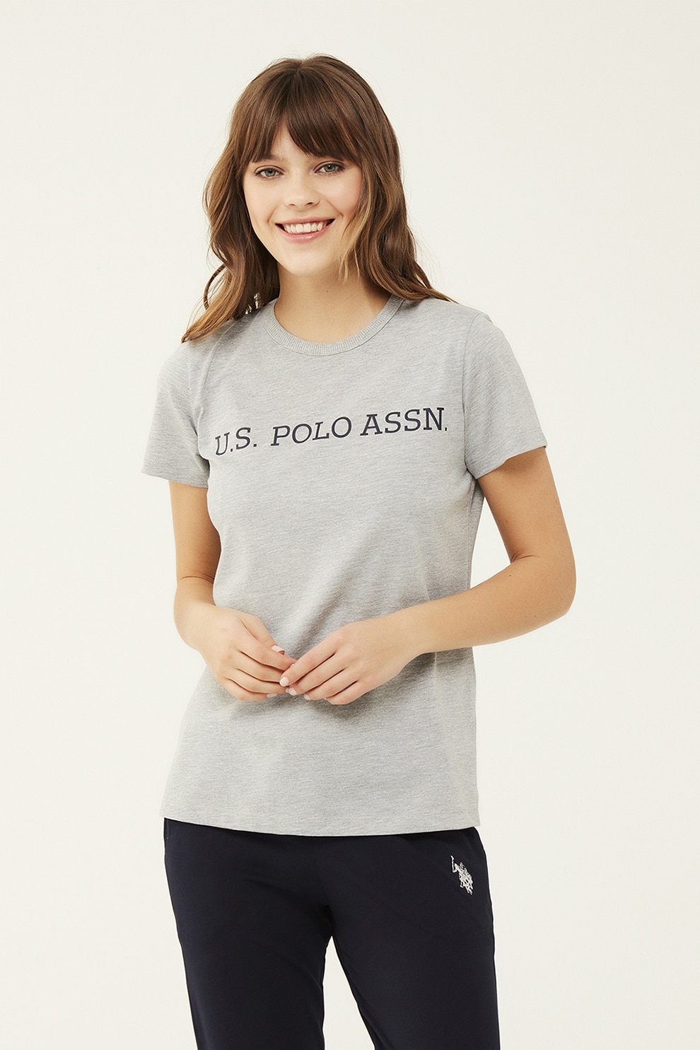 U.S. Polo Assn., Tricou de casa din bumbac cu imprimeu logo, Gri melange