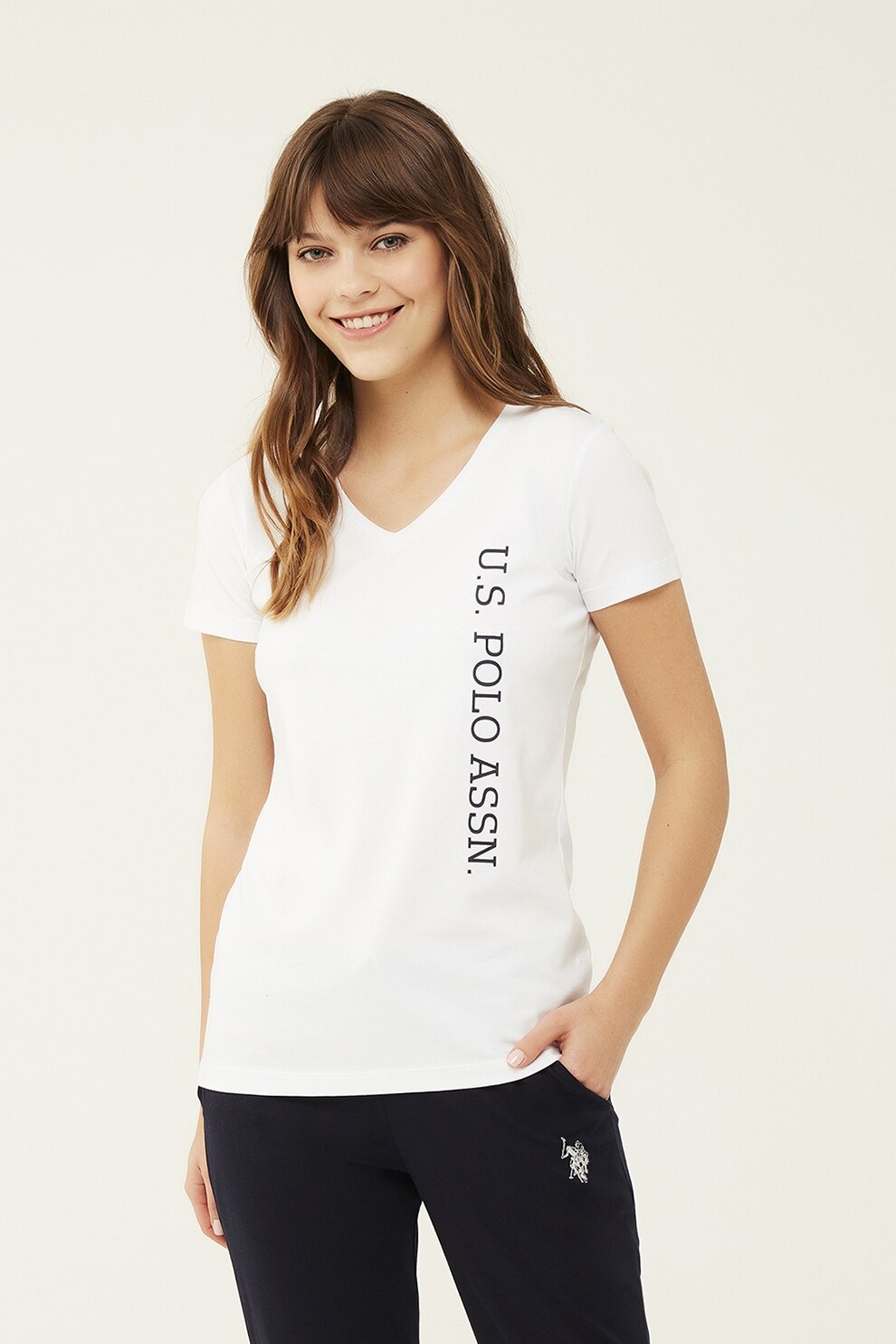 U.S. Polo Assn., Tricou de casa cu decolteu in V si imprimeu logo, Alb