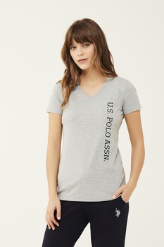U.S. Polo Assn., Tricou de casa cu decolteu in V si imprimeu logo, Gri melange U.S. Polo Assn., Tricou de casa cu decolteu in V si imprimeu logo, Gri melange