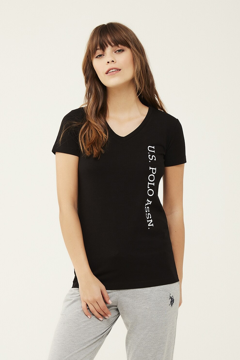 U.S. Polo Assn., Tricou de casa cu decolteu in V si imprimeu logo, Negru