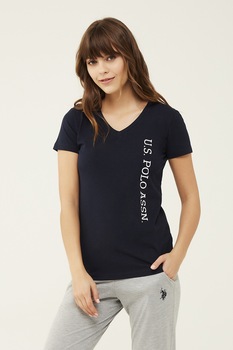 U.S. Polo Assn., Tricou de casa cu decolteu in V si imprimeu logo, Bleumarin U.S. Polo Assn., Tricou de casa cu decolteu in V si imprimeu logo, Bleumarin