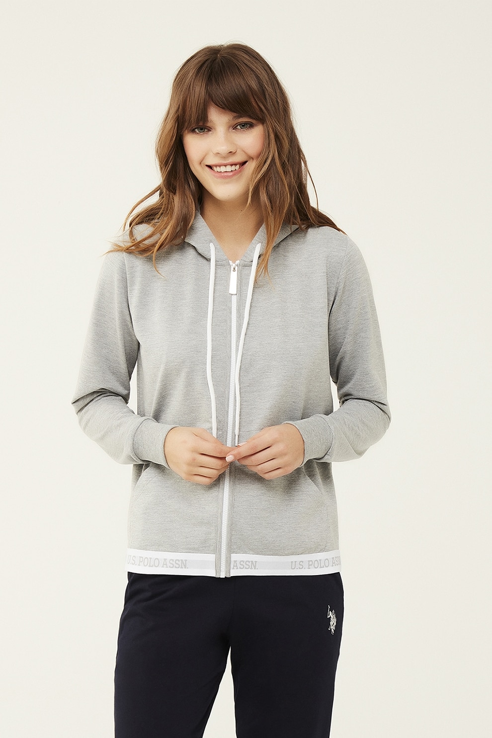 U.S. Polo Assn., Hanorac de casa cu fermoar si banda logo, Gri melange