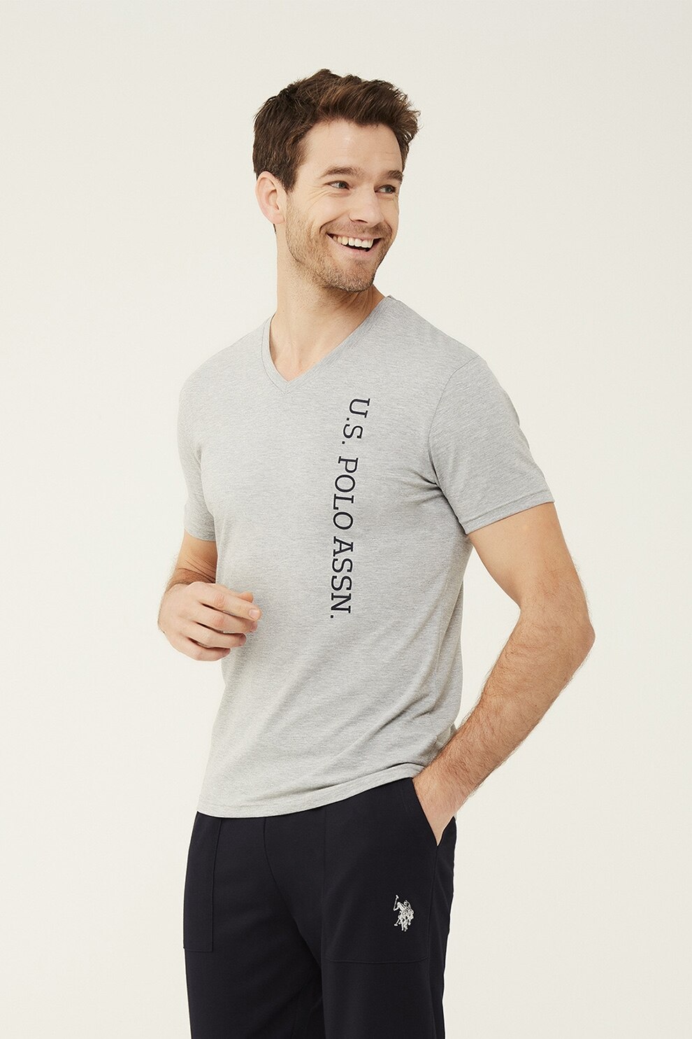 U.S. Polo Assn., Tricou de pijama cu decolteu in V, Gri melange