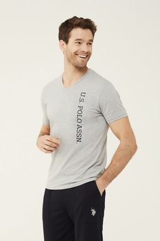 U.S. Polo Assn., Tricou de pijama cu decolteu in V, Gri melange U.S. Polo Assn., Tricou de pijama cu decolteu in V, Gri melange