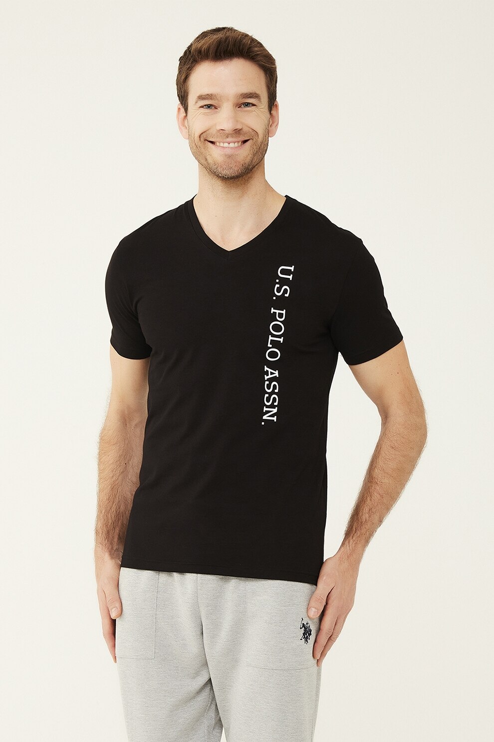 U.S. Polo Assn., Tricou de pijama cu decolteu in V, Negru