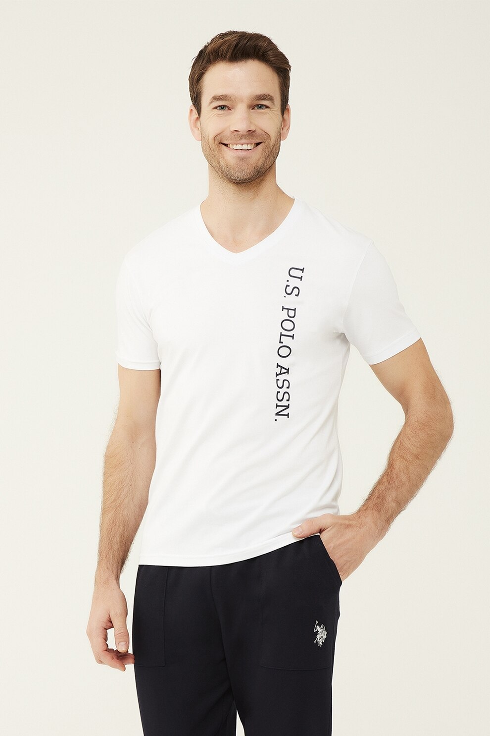 U.S. Polo Assn., Tricou de pijama cu decolteu in V, Alb