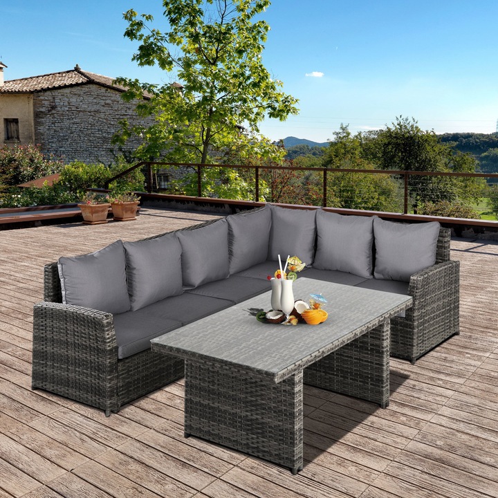 Outsunny 860-123, kerti bútor szett, 3 db, szintetikus rattan, szürke