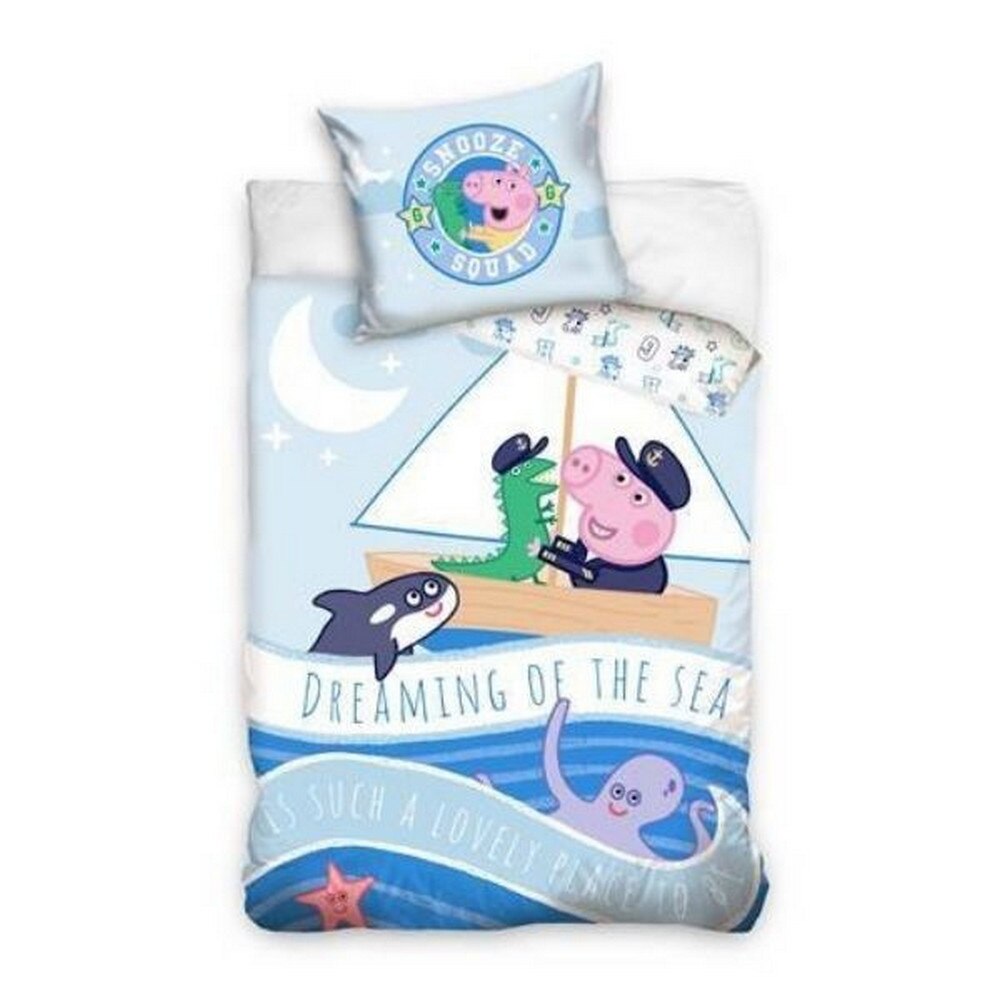 Lenjerie de pat pentru copii Carbotex, Purcelusa Peppa pe barca, Bumbac, 100x135cm