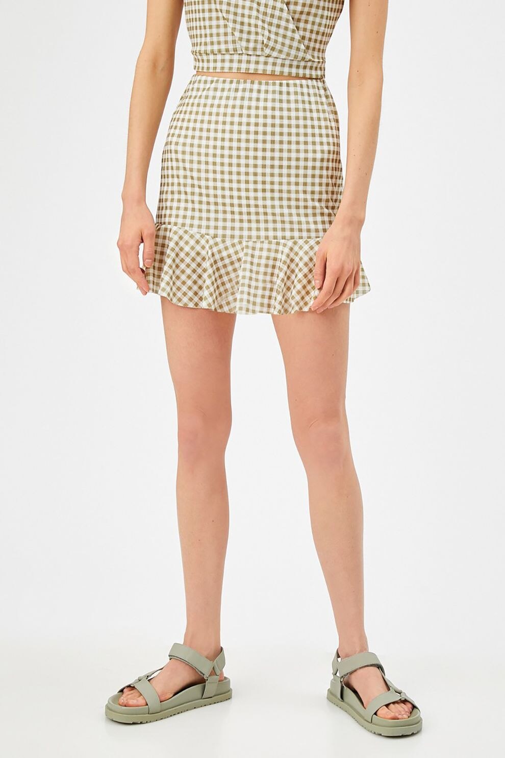 KOTON, Fusta mini cu terminatie evazata, Kaki/Alb