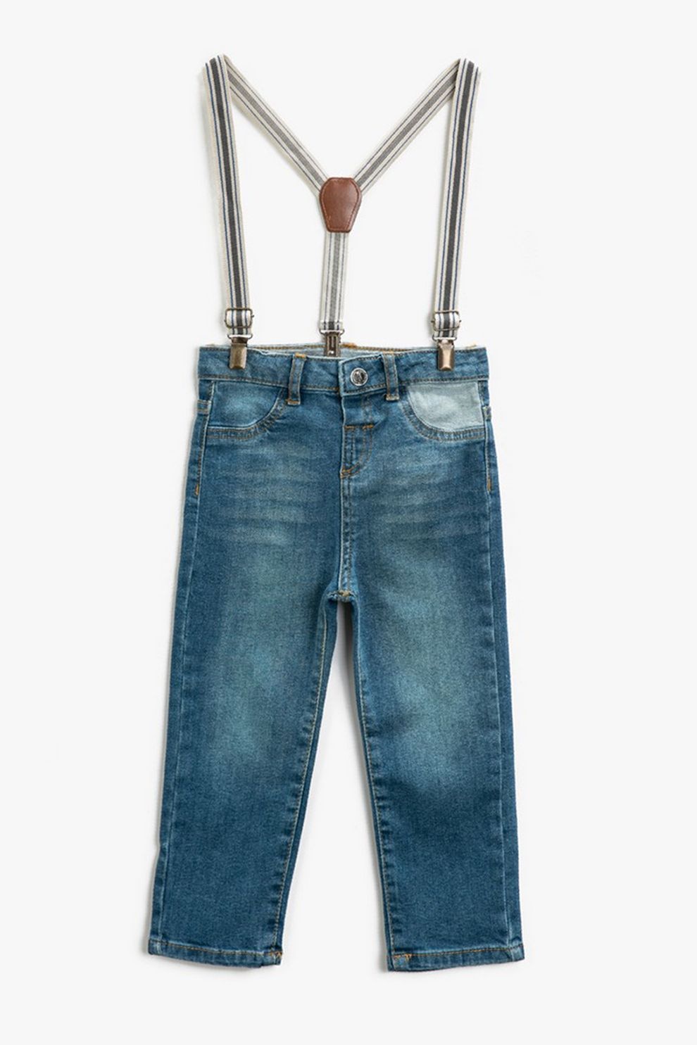 KOTON, Blugi cu aspect decolorat si bretele detasabile, Albastru inchis/Alb prafuit