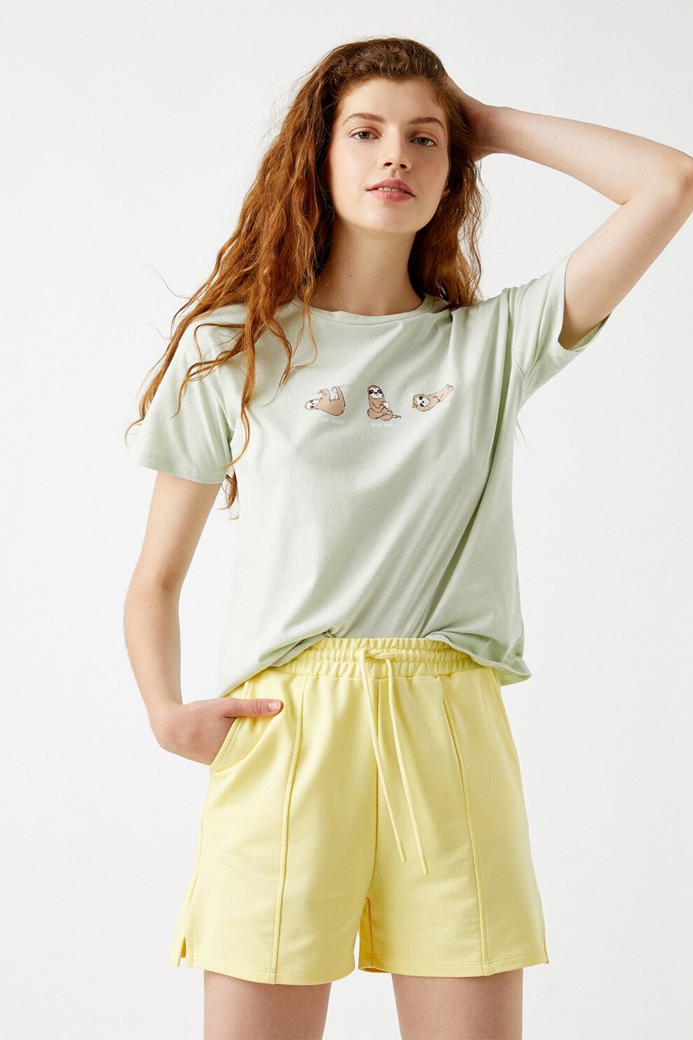 KOTON, Tricou din bumbac cu imprimeu grafic, Verde pal/oranj persan/maro inchis, XS