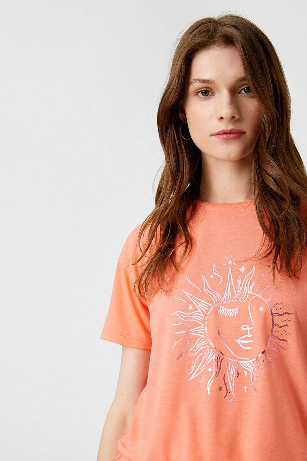 KOTON, Tricou cu imprimeu metalizat, Oranj deschis/Auriu rose