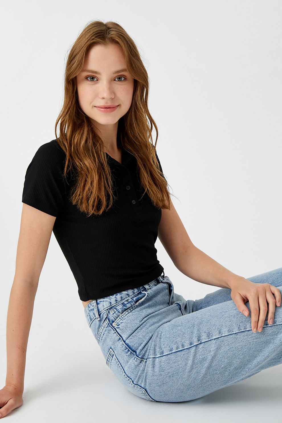 KOTON, Tricou crop polo cu striatii, Negru