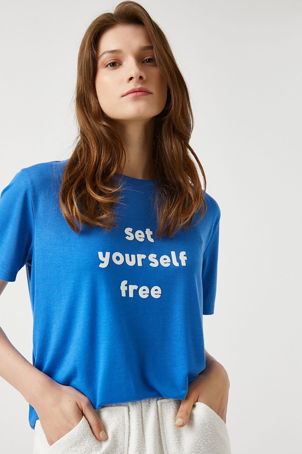KOTON, Tricou cu imprimeu text, Albastru royal/Alb