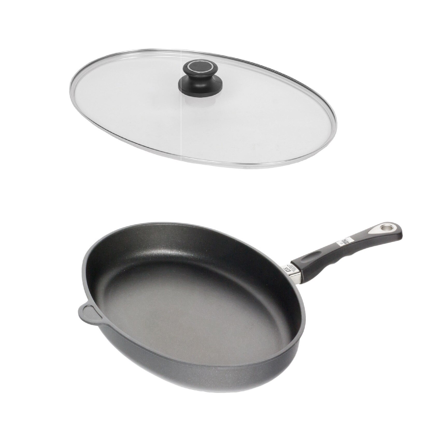 Set AMT Gastroguss , Tigaie de PESTE, Inductie, Neaderenta, 9mm grosime si Capac din sticla termorezistenta, 41 x 27 cm
