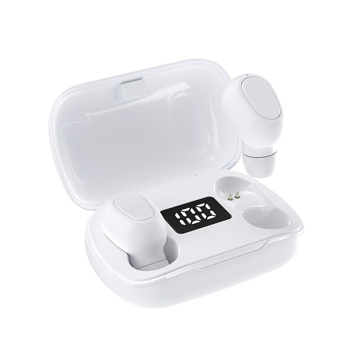 Безжични слушалки, Bluetooth 5.0, L21 Pro, Цифров дисплей, Мини, стерео, Бял