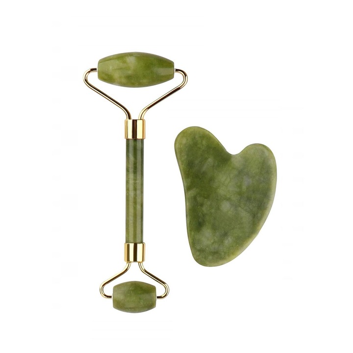 Set rola de masaj si Gua Sha pentru fata si gat, Jad, Verde